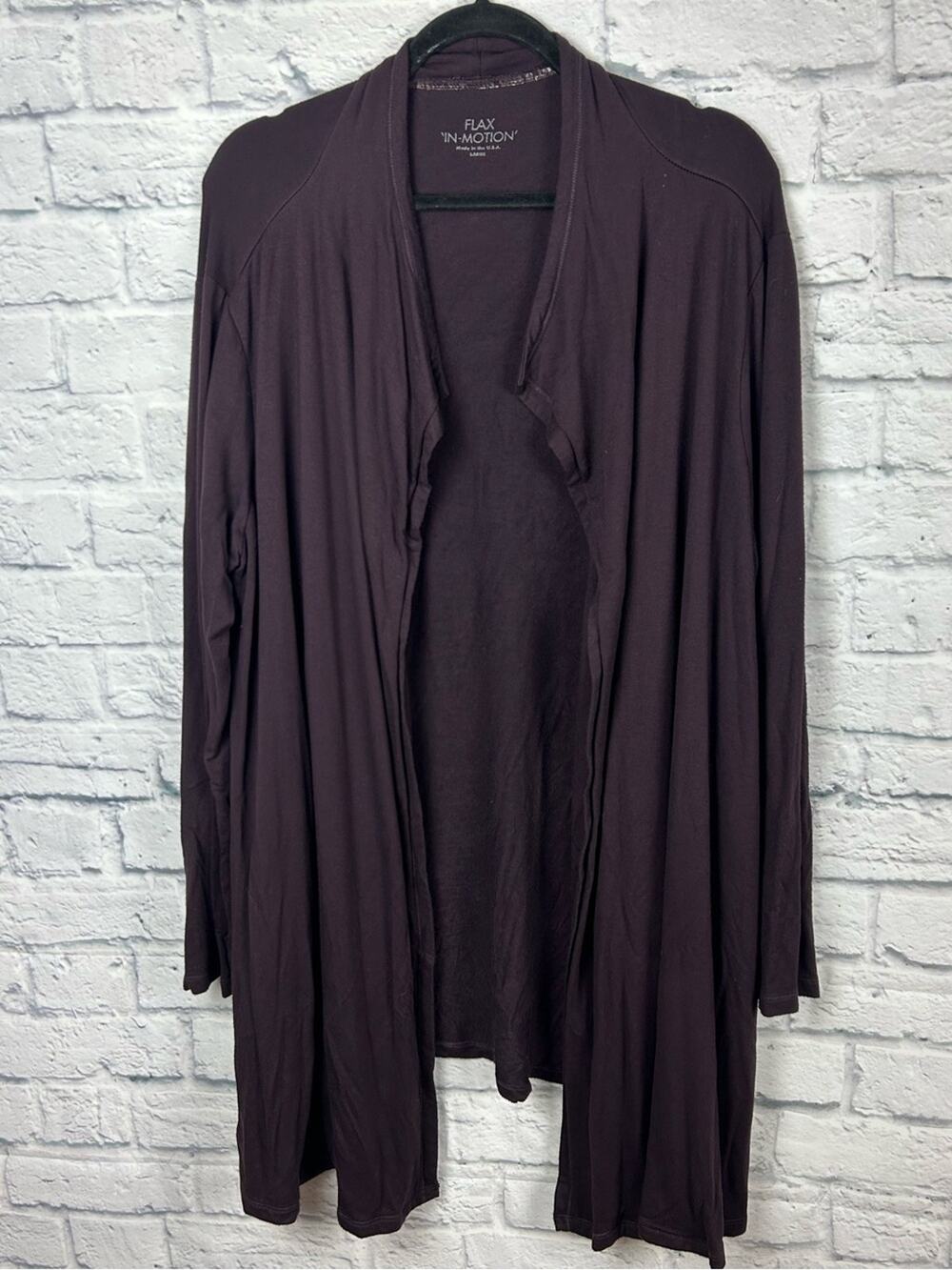 FLAX In Motion Large Plum Open Front Drape Cardigan Rayon USA Made Stretch